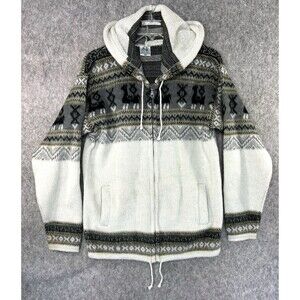Yari Artesanias Wool Llama Knit Aztec Hooded Full Zip Gray Womens Sweater Jacket